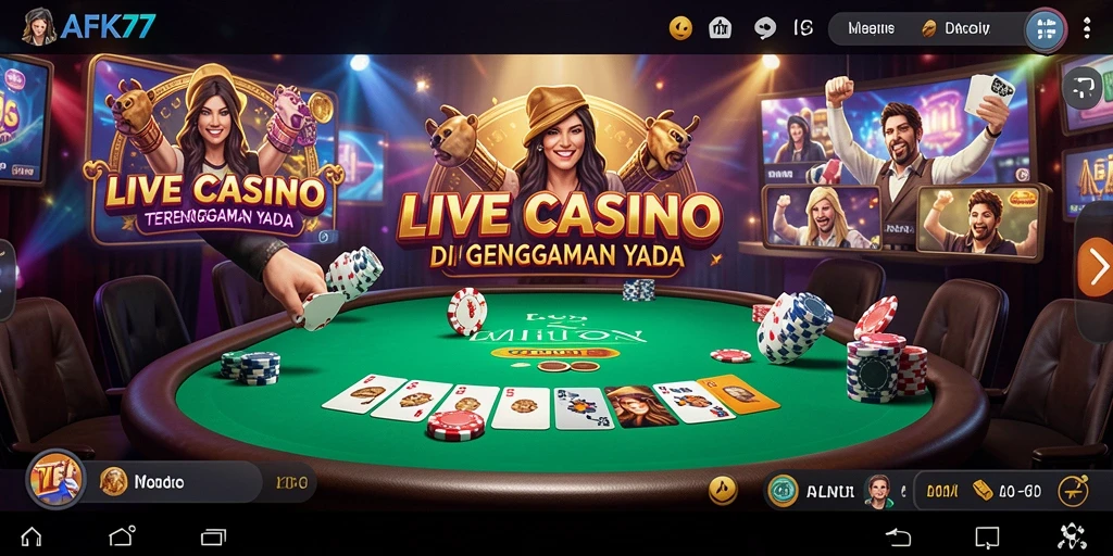 Tangkapan layar gameplay AFK77 menampilkan dealer langsung dan suasana kasino yang mendebarkan.