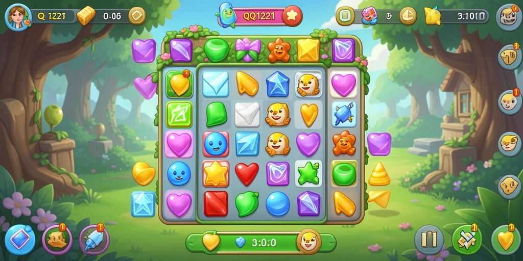 Screenshot gameplay QQ1221 menampilkan momen seru menyelesaikan level Match-3.