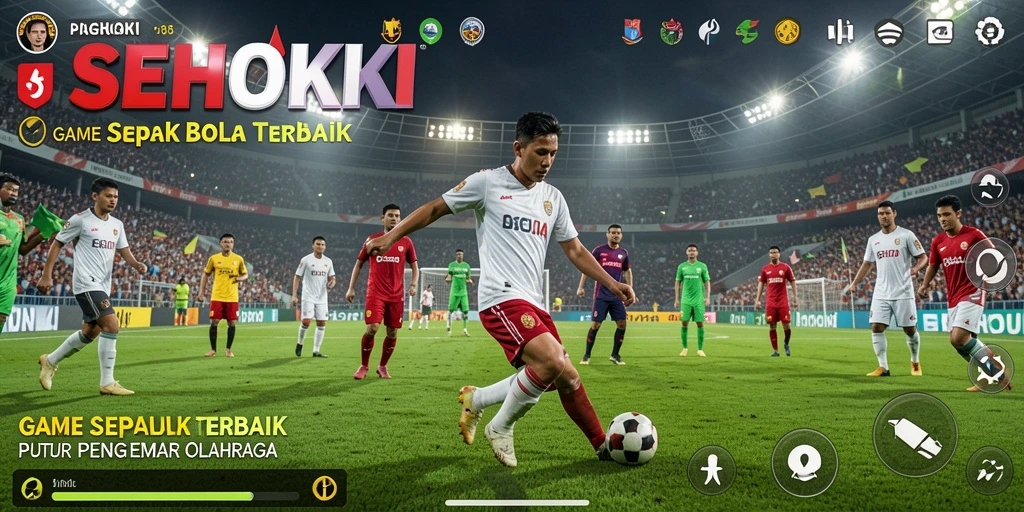 Screenshot gameplay SEHOKI menampilkan aksi seru di lapangan sepak bola.